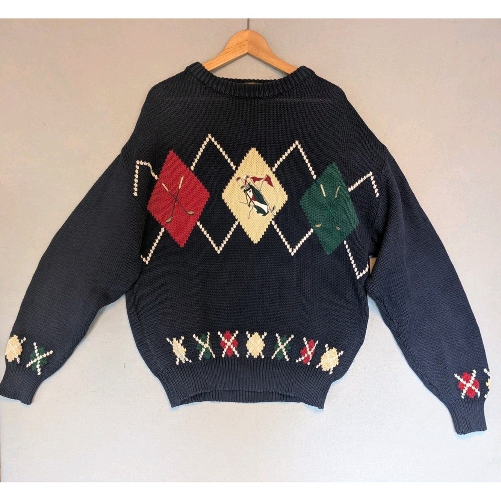 Vtg Boston Traders Argyle Golf Club Sweater Mens Large 100% Cotton 90s Dadcore